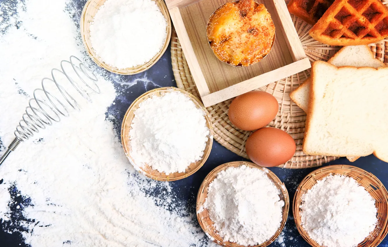 Photo wallpaper eggs, waffles, flour