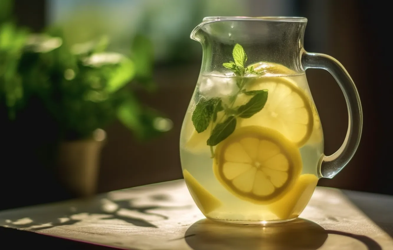 Photo wallpaper leaves, light, table, lemon, tea, drink, pitcher, still life