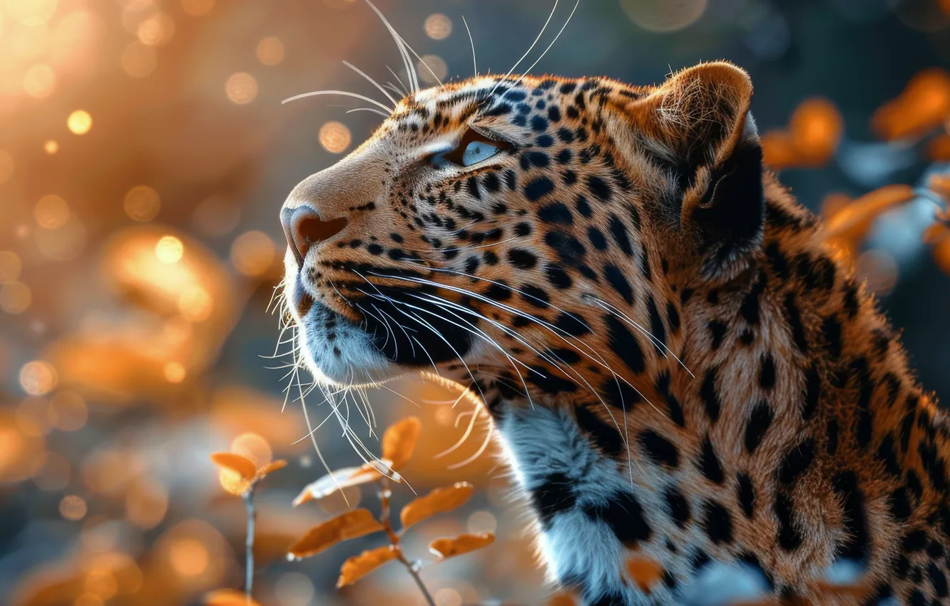 Photo wallpaper look, face, leaves, light, branches, portrait, morning, leopard