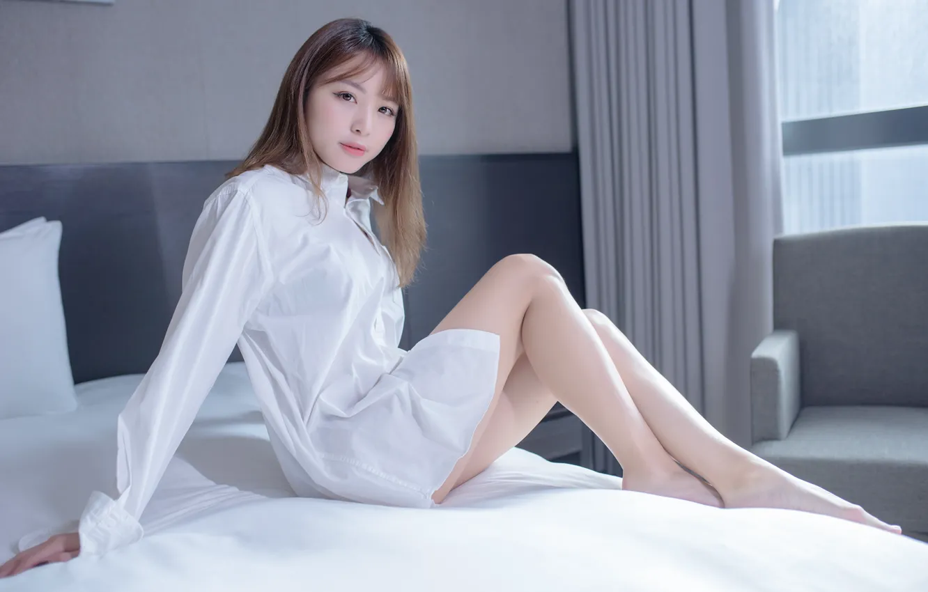 Photo wallpaper look, pose, model, portrait, chair, makeup, window, hairstyle