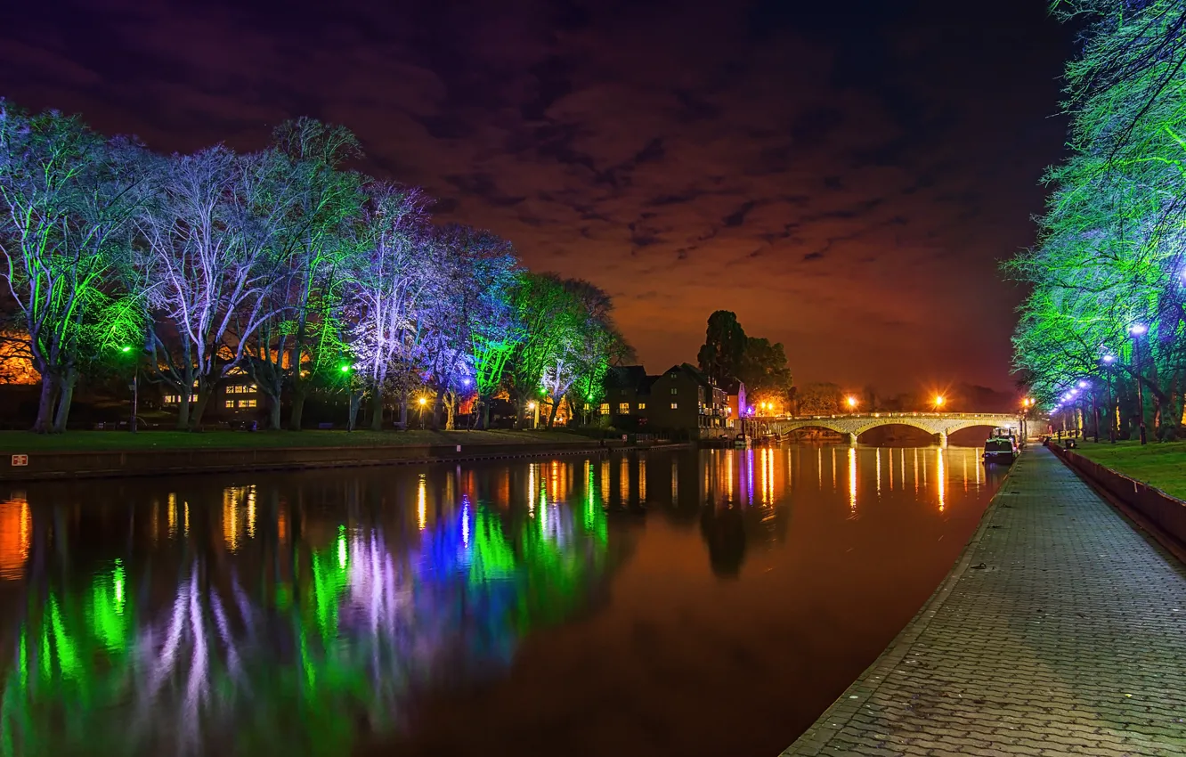 Photo wallpaper the sky, trees, night, bridge, lights, Park, river