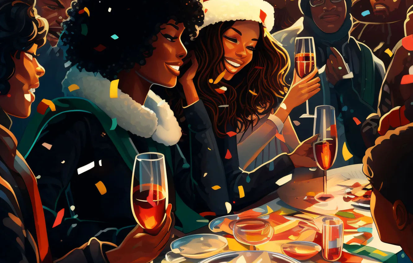 Photo wallpaper girl, joy, smile, table, glass, new year, food, Christmas