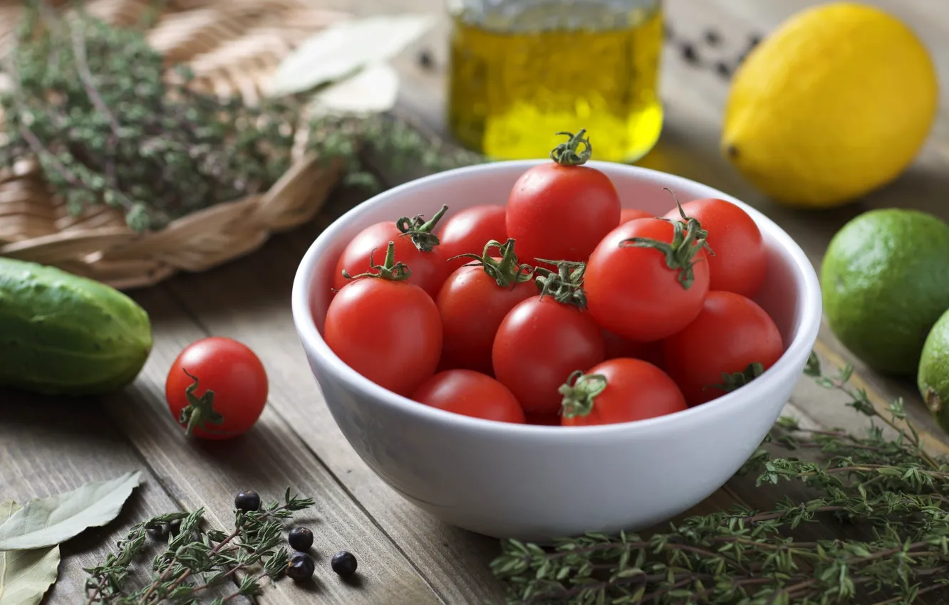 Photo wallpaper lemon, lime, bowl, vegetables, tomatoes, tomatoes, cucumbers, thyme