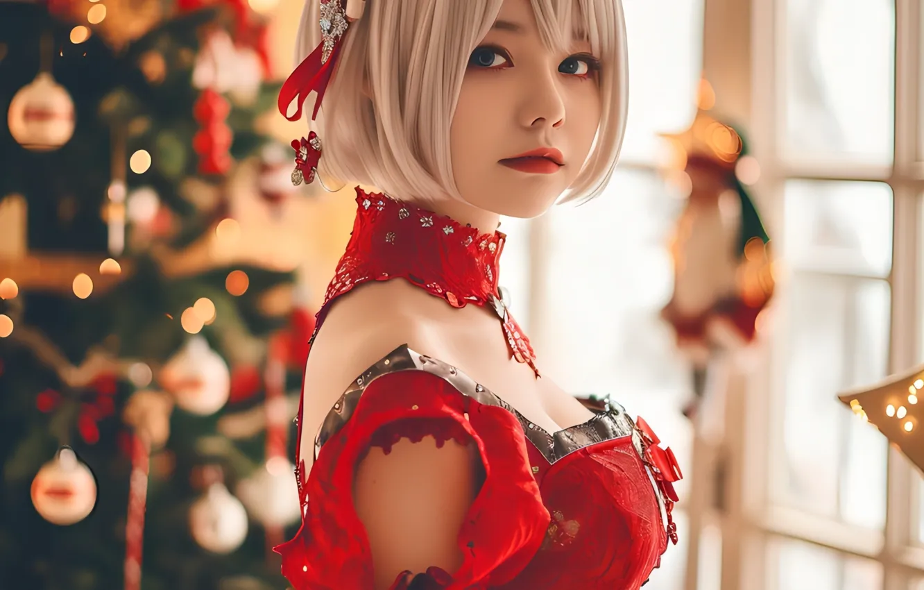 Photo wallpaper look, girl, decoration, holiday, new year, makeup, Christmas, hairstyle