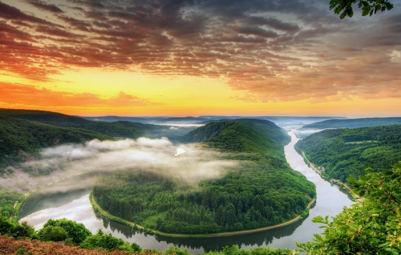 Photo wallpaper forest, clouds, river, dawn, haze