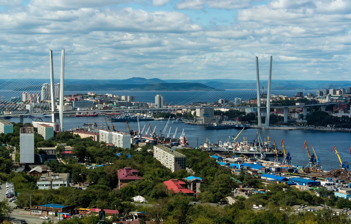 Photo wallpaper landscape, bridge, coast, ship, home, port, Bay, Russia