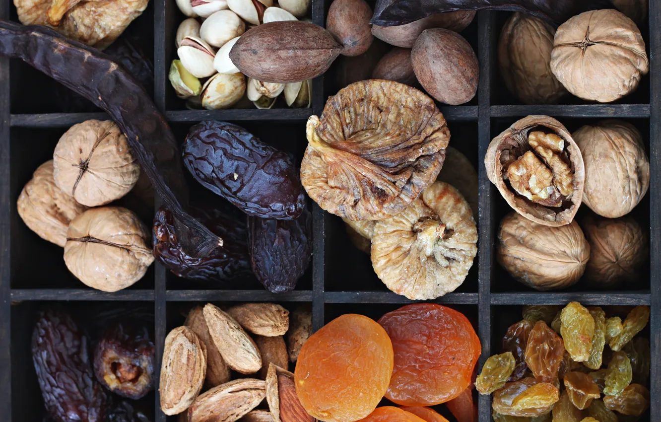Photo wallpaper nuts, almonds, raisins, walnut, pistachios, figs, dried apricots, dried fruits