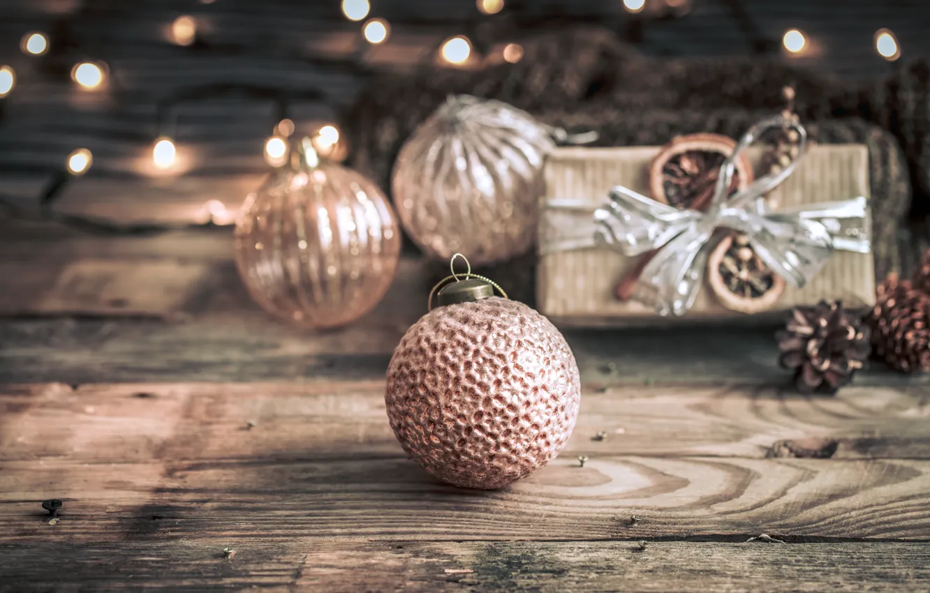 Photo wallpaper decoration, lights, balls, new year, Christmas, Christmas, balls, wood