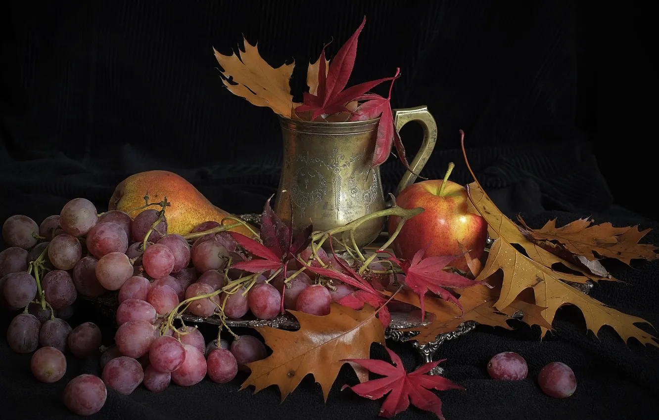 Photo wallpaper leaves, Apple, grapes, Cup, pear, still life