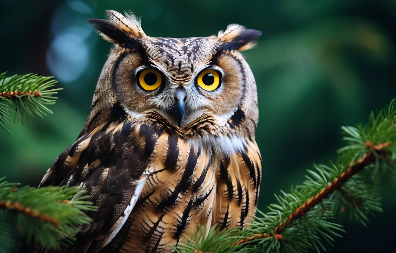 Photo wallpaper look, branches, nature, owl, bird, portrait, needles, green background