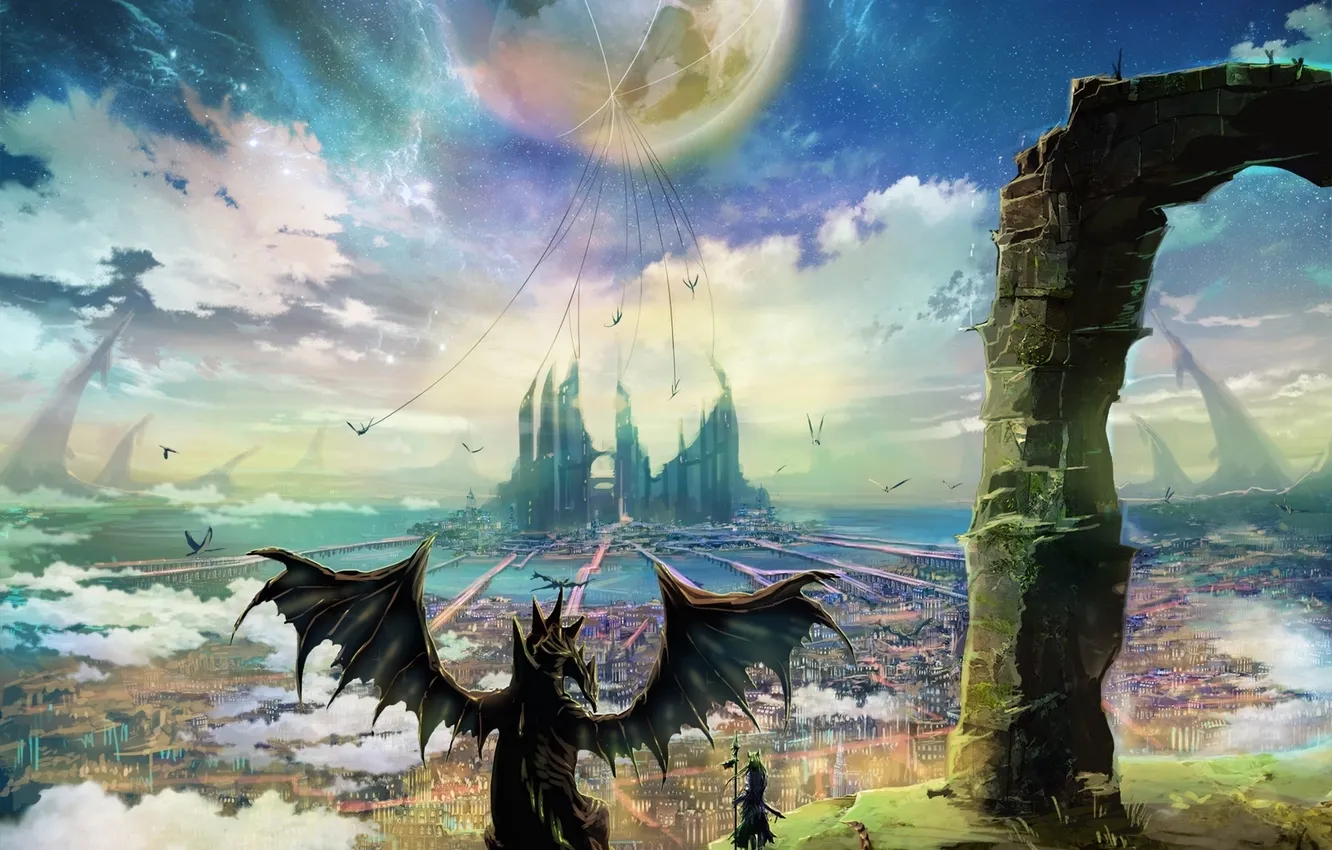 Photo wallpaper the sky, stars, landscape, weapons, castle, the moon, dragon, people