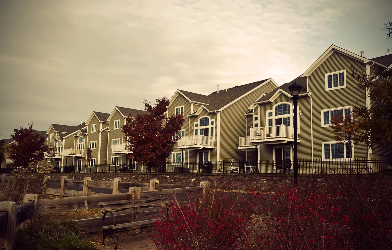 Photo wallpaper the sky, clouds, trees, bench, home, street