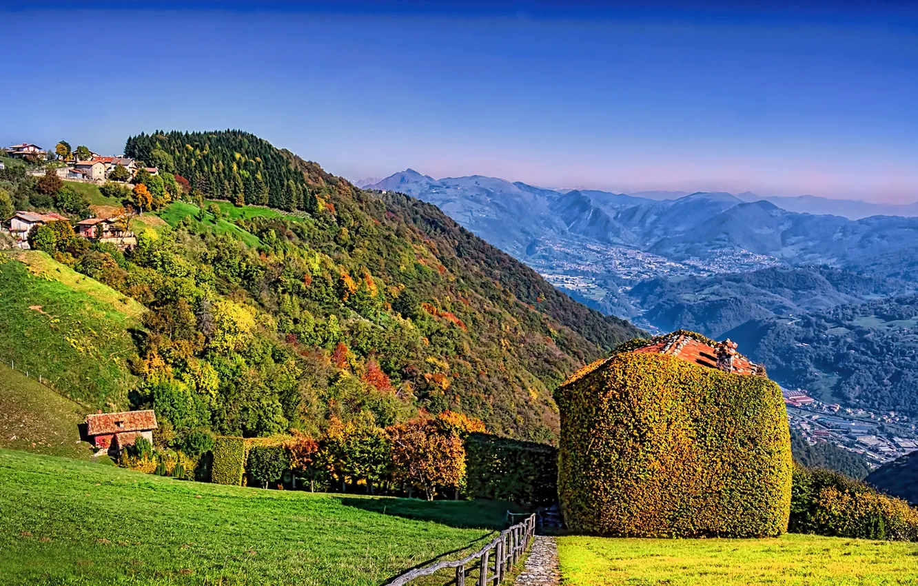 Photo wallpaper trees, mountains, home, slope, Italy, Sunny, Lombardy, Aviatico