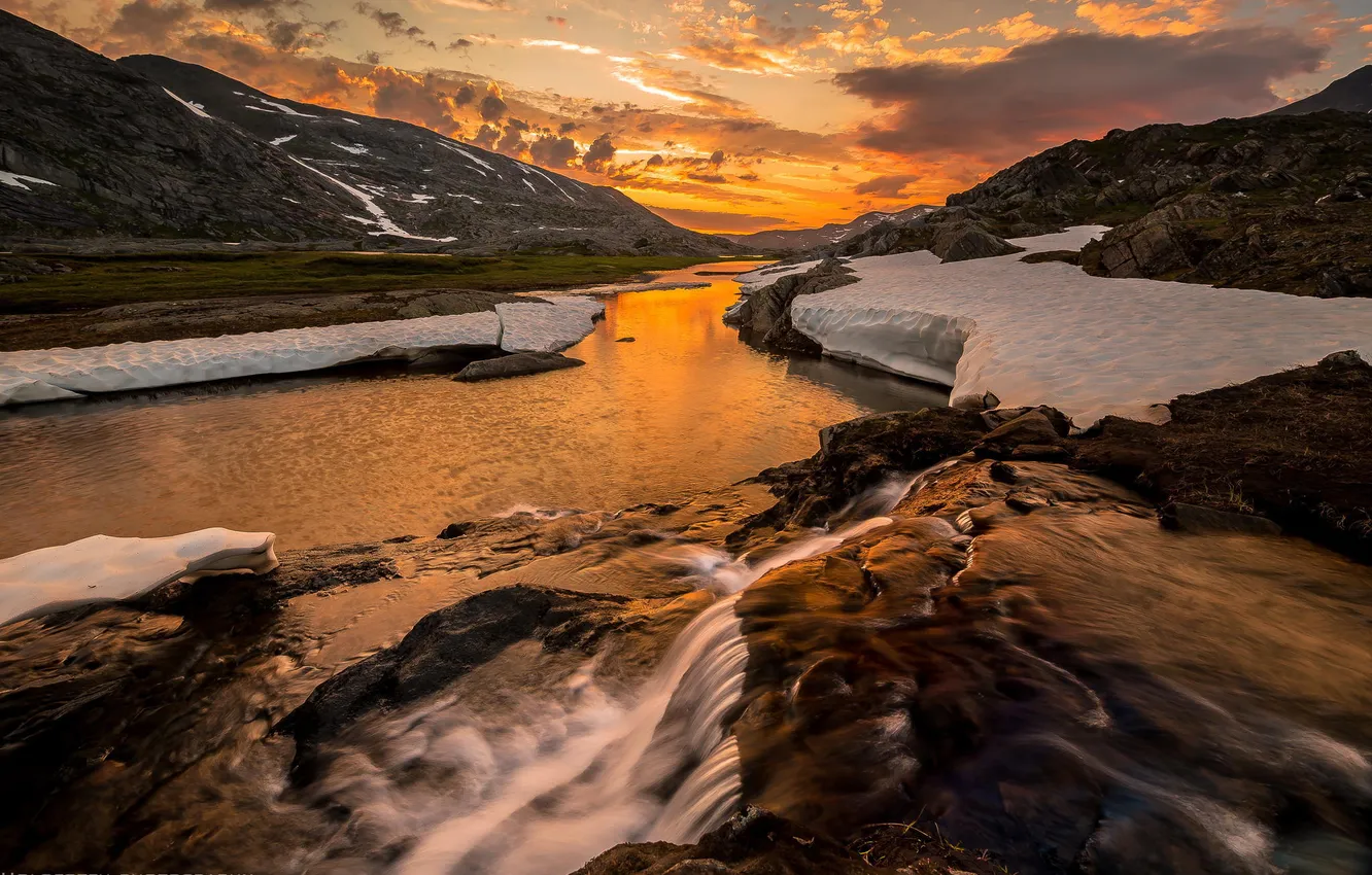 Photo wallpaper snow, landscape, sunset, mountains, river