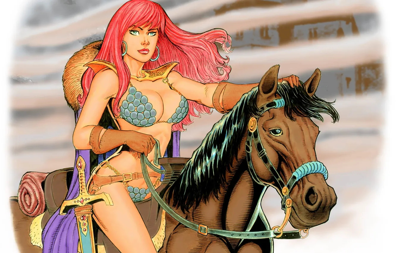 Photo wallpaper look, weapons, horse, Red Sonja, Red Sonja, Dave Hoover, the woman warrior