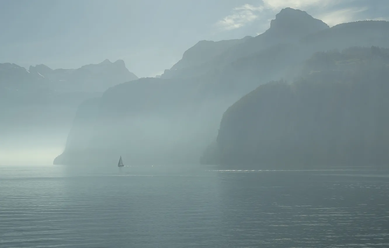 Photo wallpaper fog, sailboat, morning, Switzerland, Build, lake Lucerne, the Canton of URI