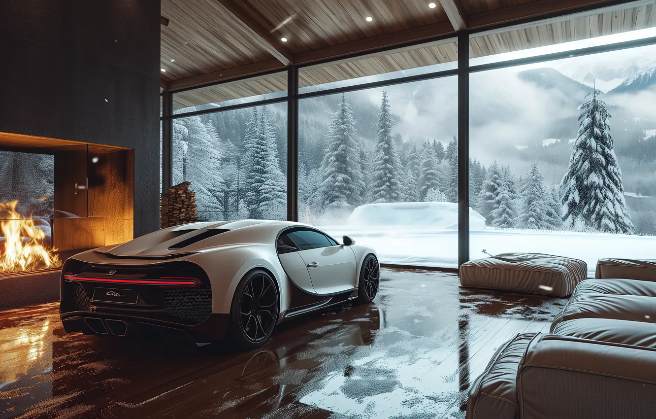 Photo wallpaper Bugatti, Cars, Winter, Fireplace, Cozy, Bugatti Chiron, Hyper Car, Aesthetic interior