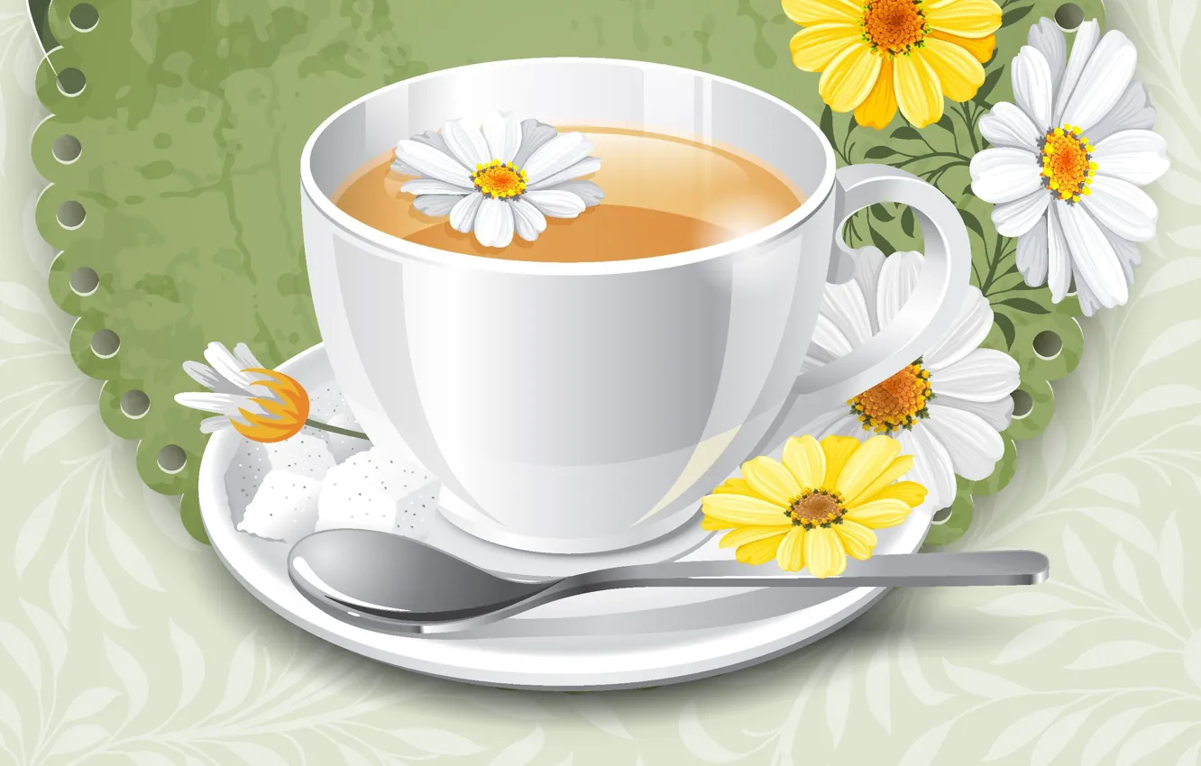 Photo wallpaper flowers, background, tea, chamomile, Cup, saucer