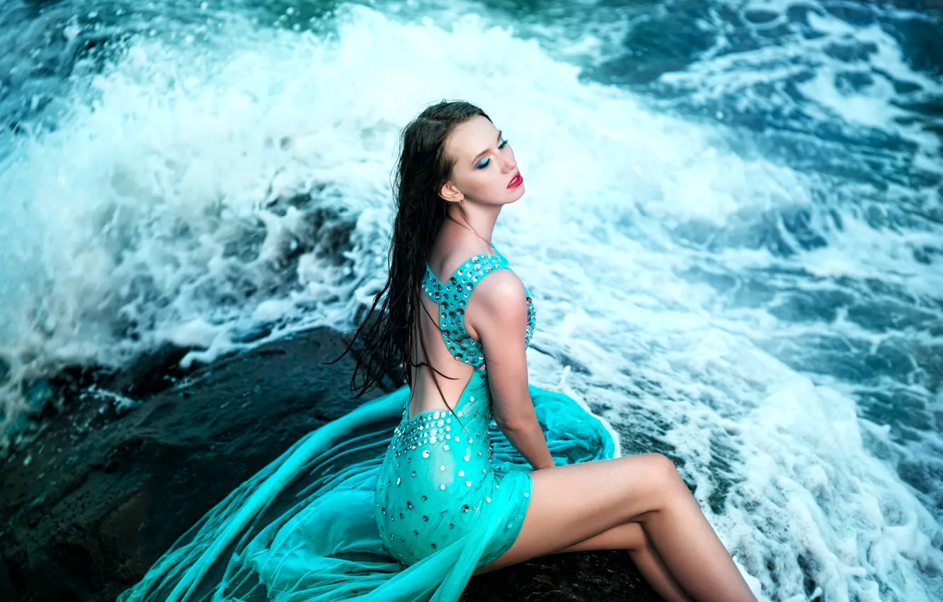 Photo wallpaper foam, girl, pose, wet, makeup, figure, dress, brunette