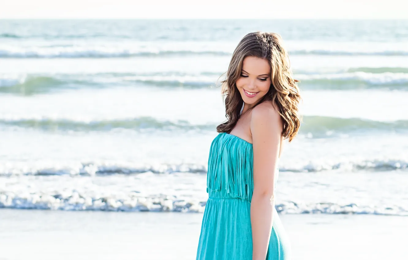 Photo wallpaper beach, girl, smile, brown hair