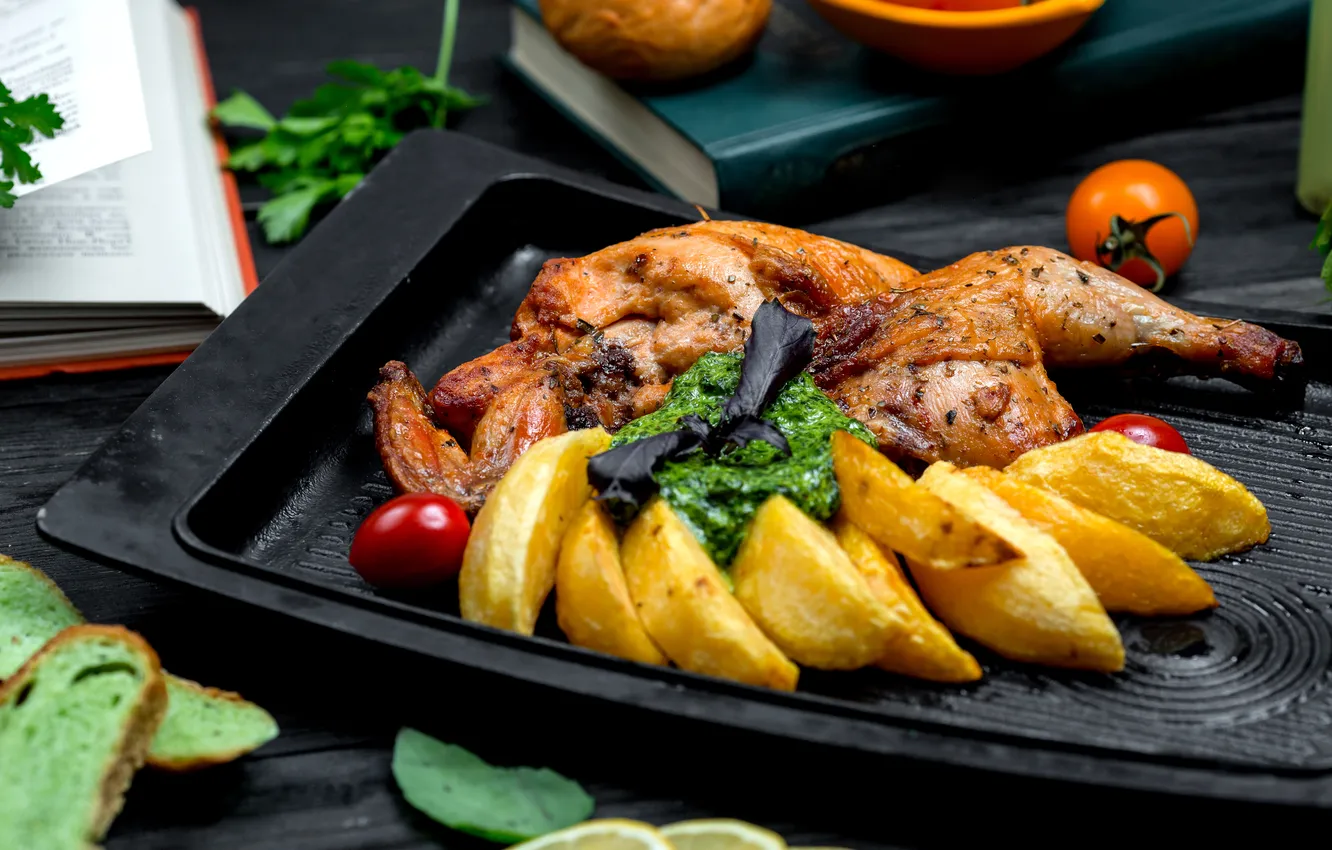 Photo wallpaper board, fried, chicken, potatoes, furnace