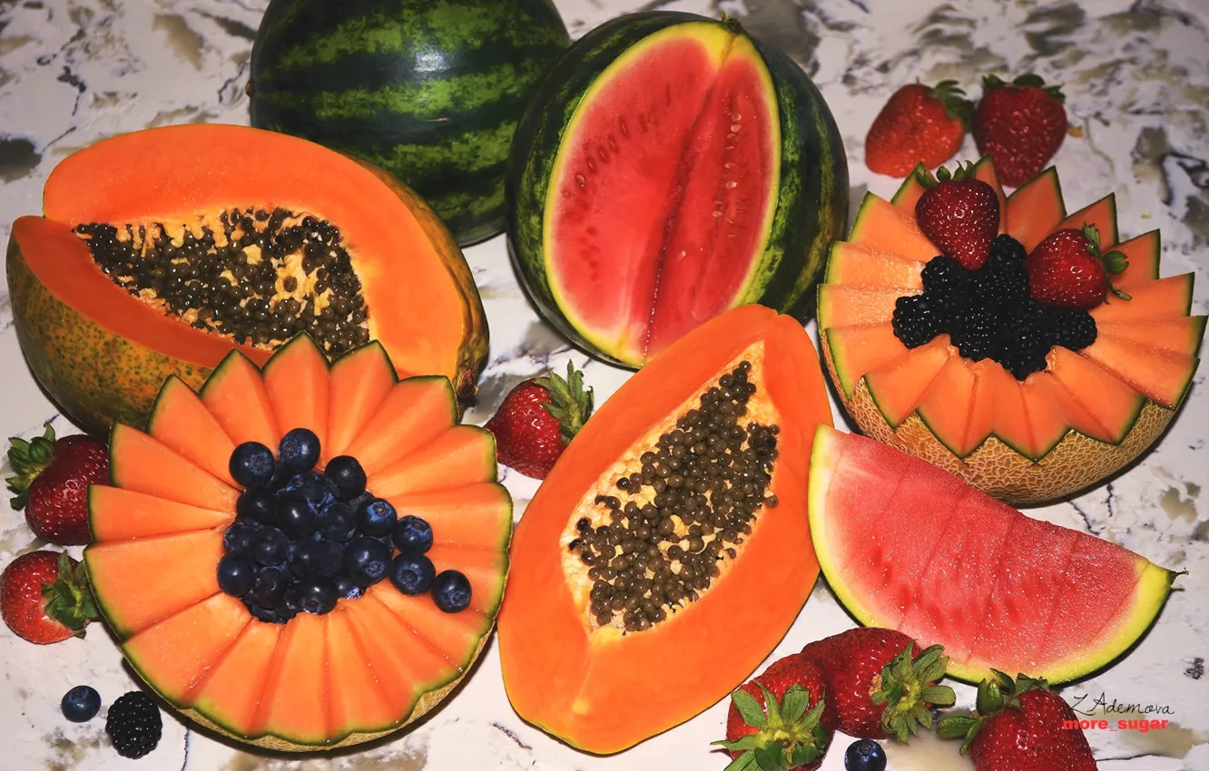 Photo wallpaper berries, watermelon, strawberry, fruit, BlackBerry, melon, blueberries, papaya