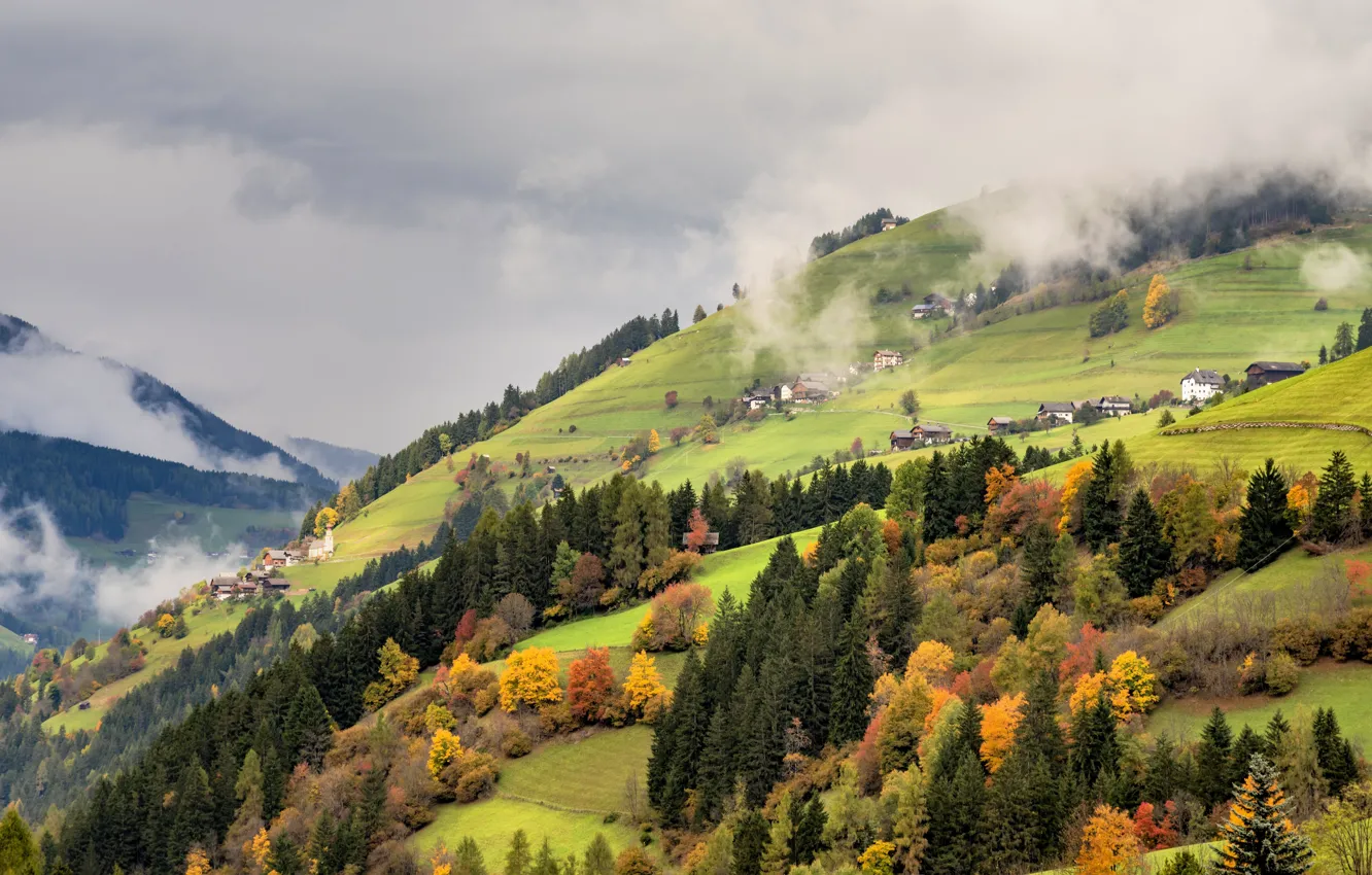 Photo wallpaper autumn, forest, mountains, slope, Alps, haze, house