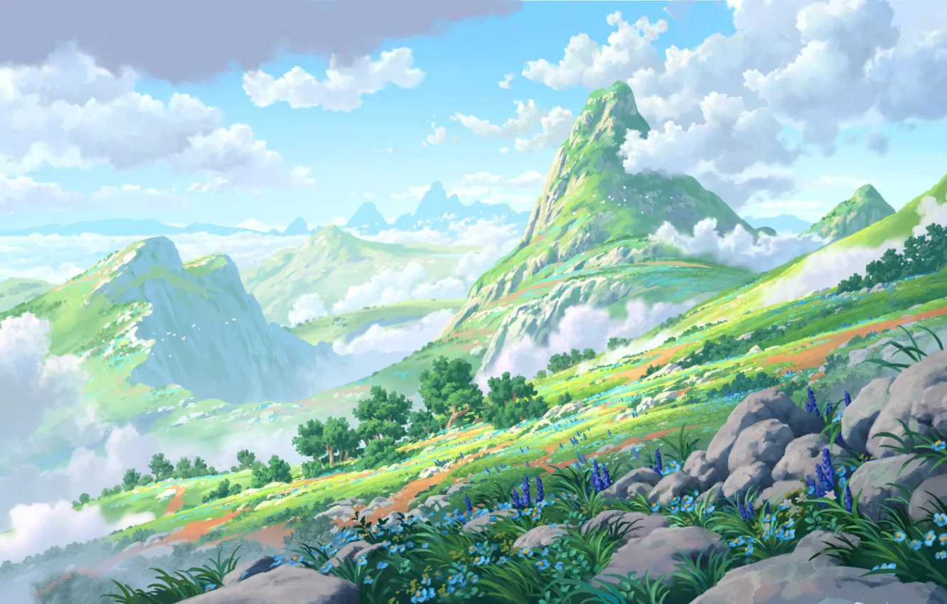 Photo wallpaper the sky, flowers, mountains, nature