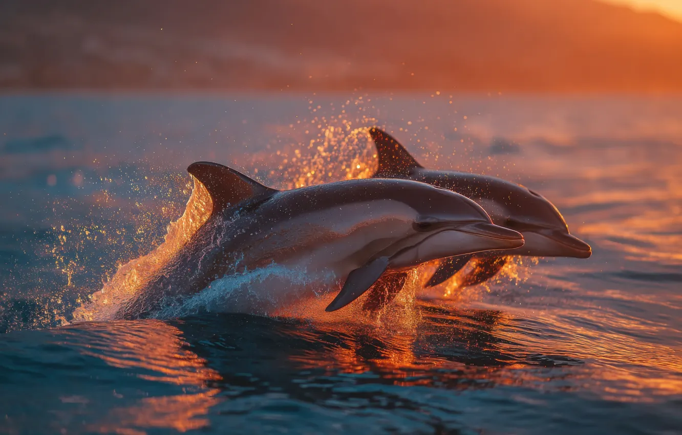 Photo wallpaper sea, light, squirt, fog, dawn, jump, morning, dolphins