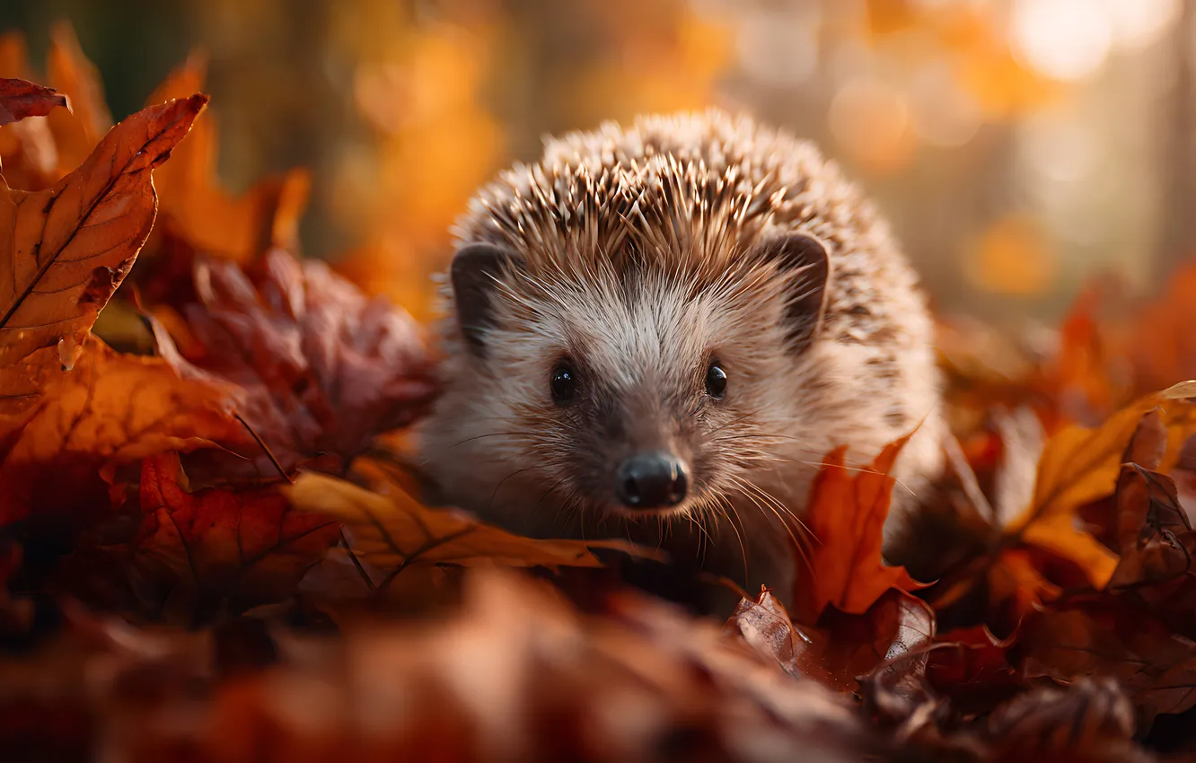 Photo wallpaper autumn, look, light, pose, foliage, face, hedgehog, bokeh