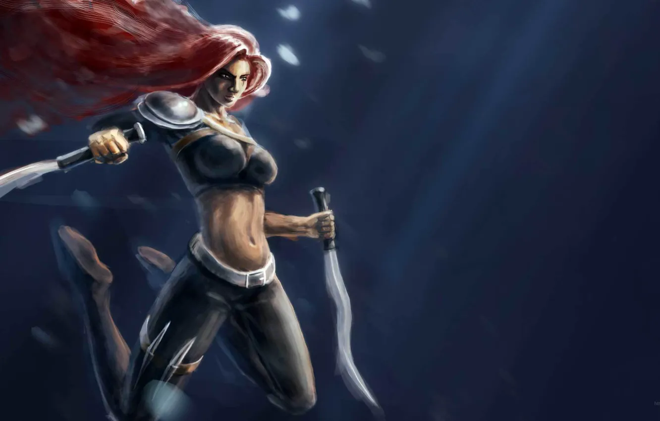Photo wallpaper blue, jump, figure, art, blade, League of Legends, Katarina