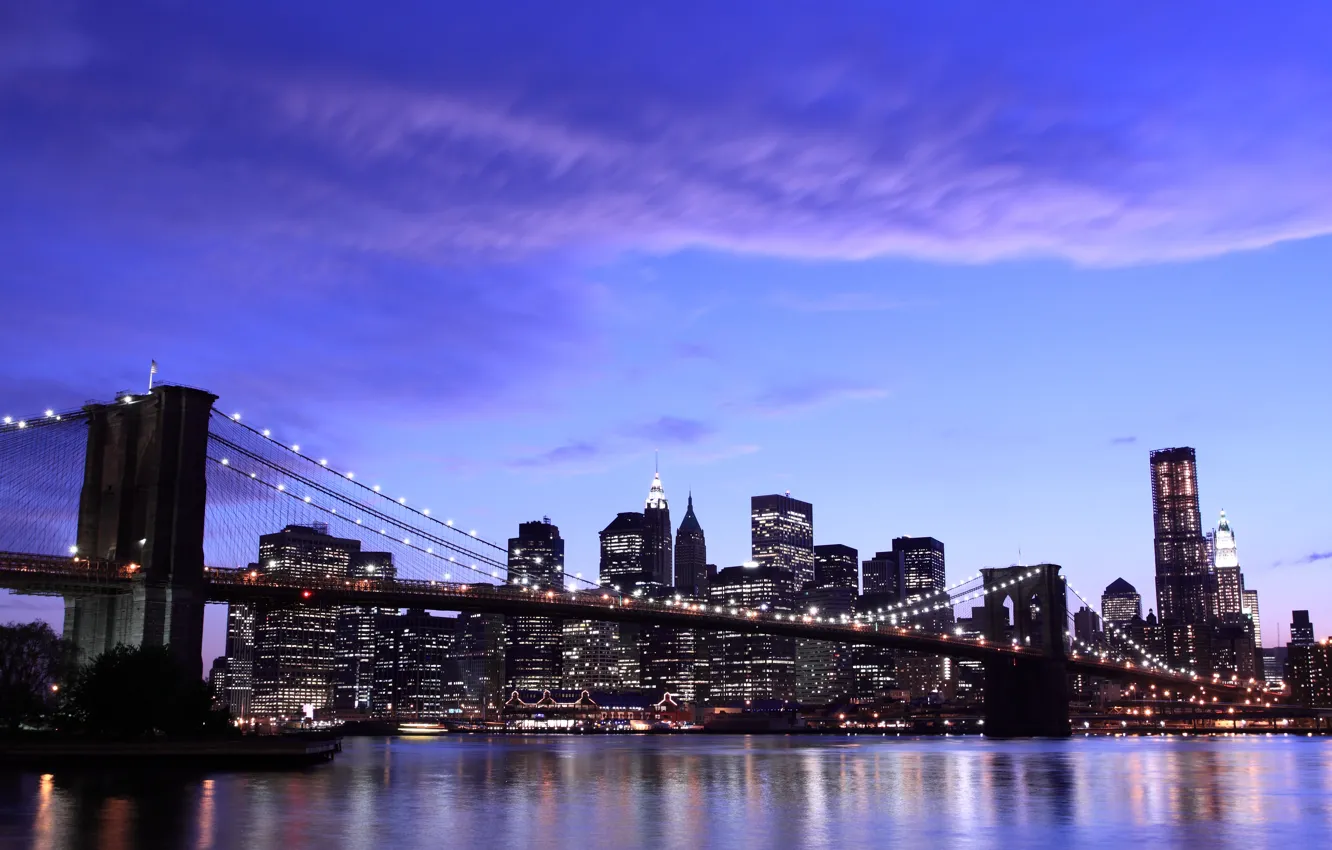 Photo wallpaper the sky, clouds, city, the city, lights, New York, the evening, Brooklyn bridge