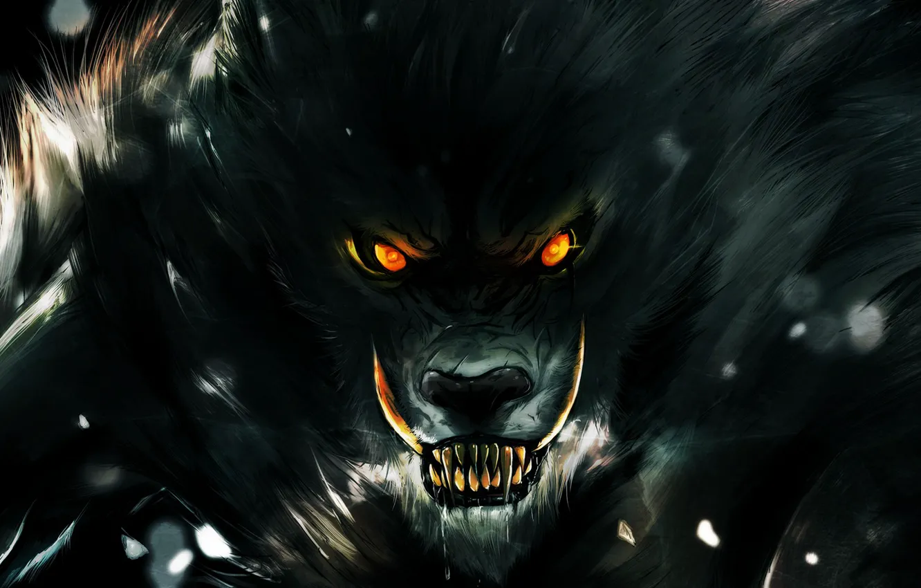 Photo wallpaper eyes, look, darkness, wolf, teeth, rage, grin, werewolf