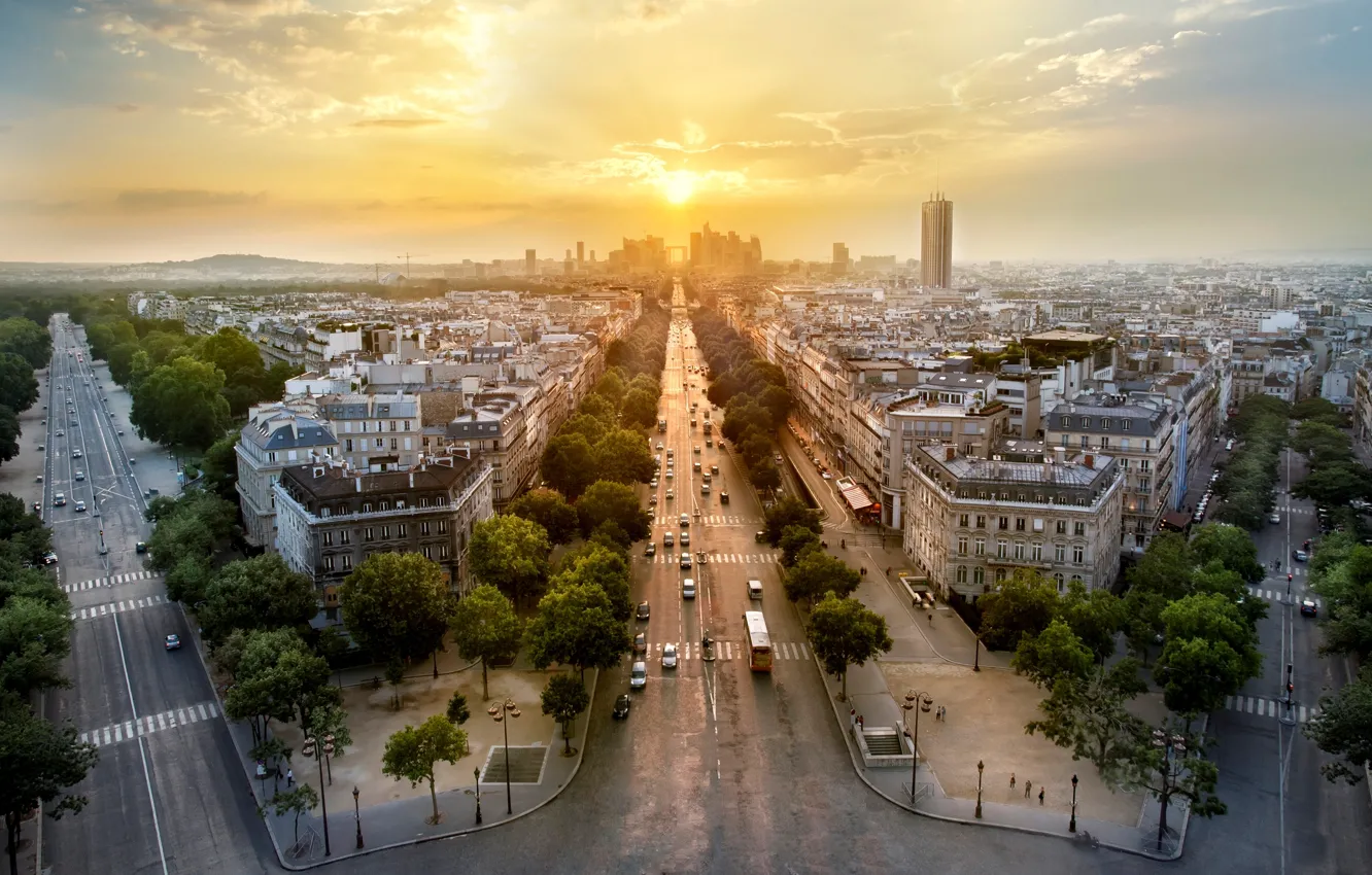 Photo wallpaper trees, sunset, machine, the city, France, Paris, building, road