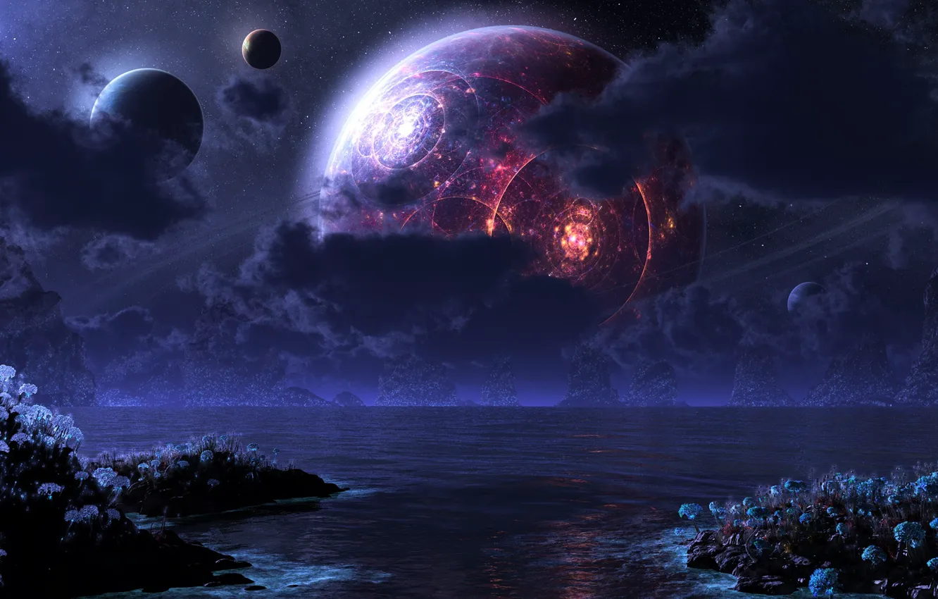 Photo wallpaper sea, night, the moon, planet, digital, phraxis moon