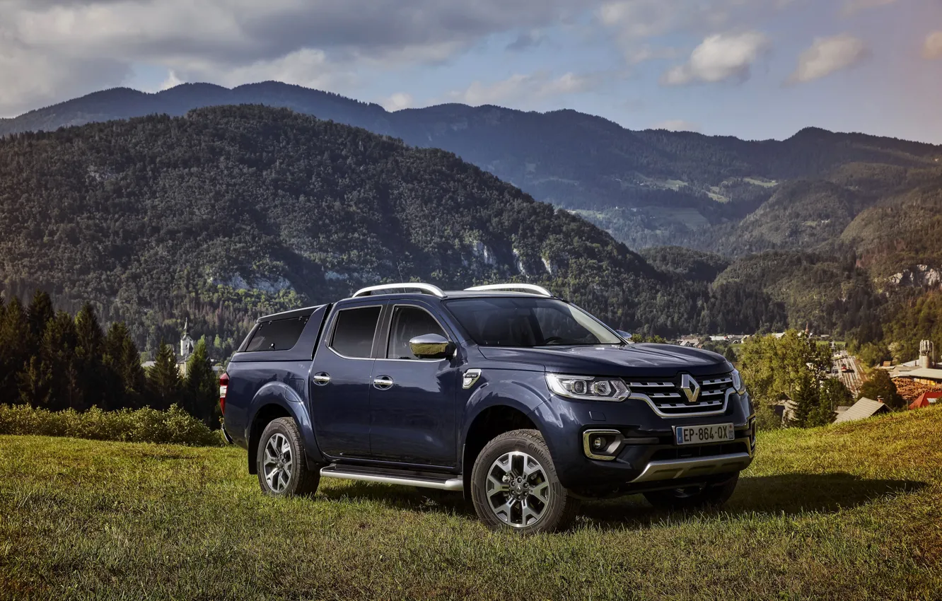 Photo wallpaper grass, mountains, blue, Renault, pickup, 4x4, 2017, Alaskan