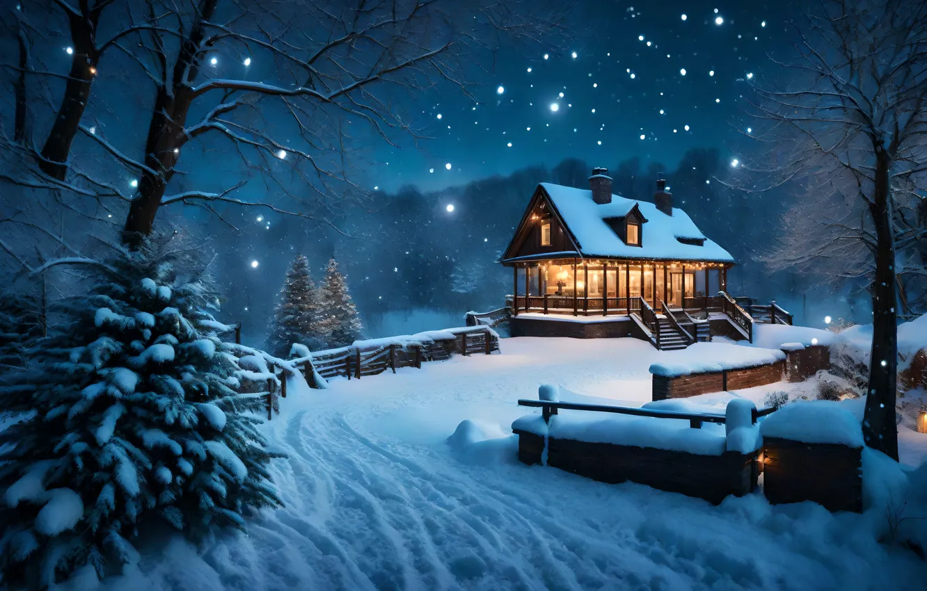 Photo wallpaper winter, snow, night, house, Christmas, New year, house, hut