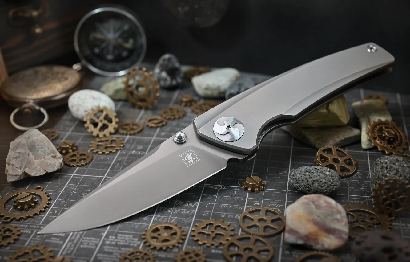Photo wallpaper stones, compass, link, Folding knife, Sergey Kalev
