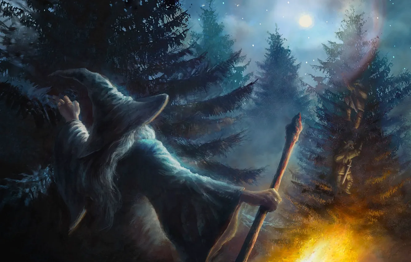 Photo wallpaper forest, trees, lights, the moon, tree, fantasy, staff, fire