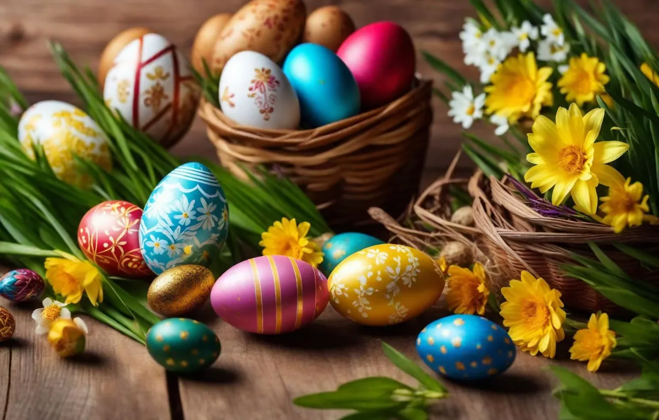 Photo wallpaper flowers, eggs, spring, colorful, Easter, flowers, spring, Easter