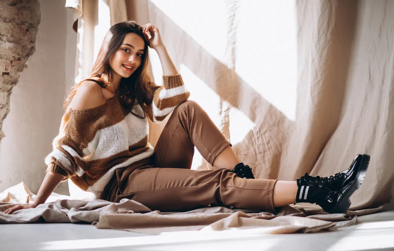Photo wallpaper woman, sitting, young, warm, ground, sweater