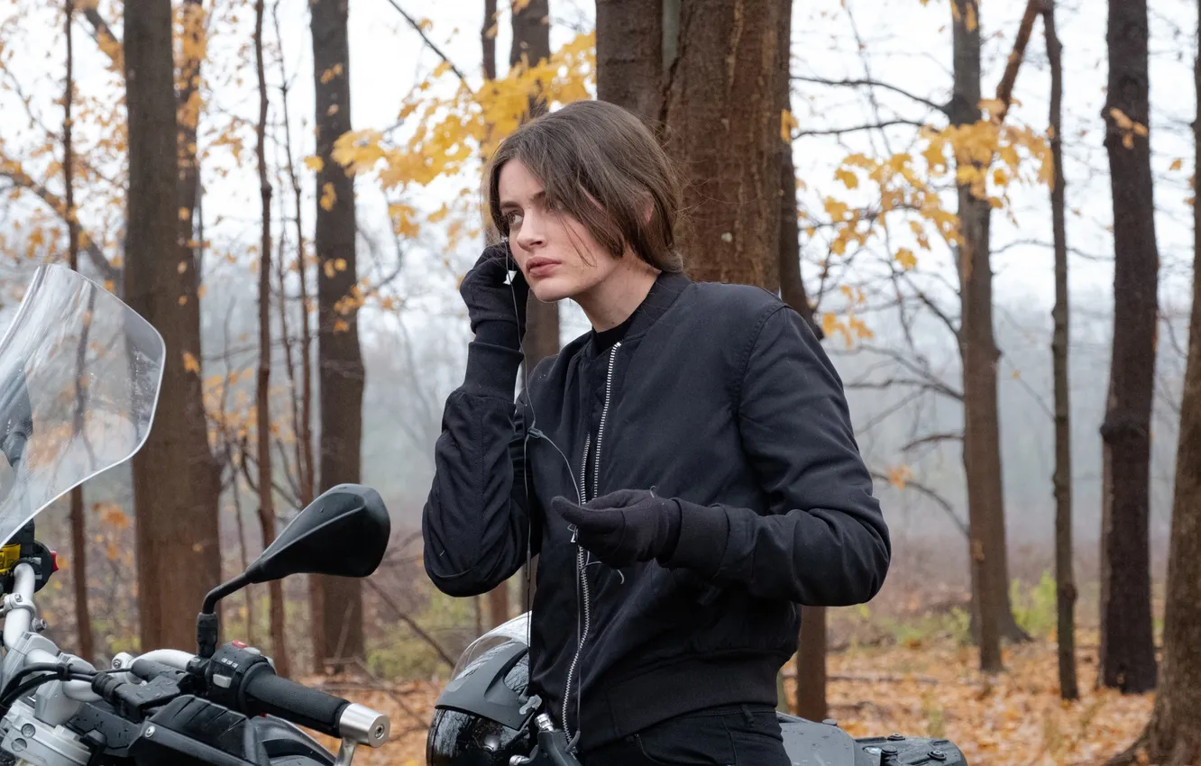 Photo wallpaper girl, trees, frame, motorcycle, action, Ava, Diana Silvers, Agent Eve