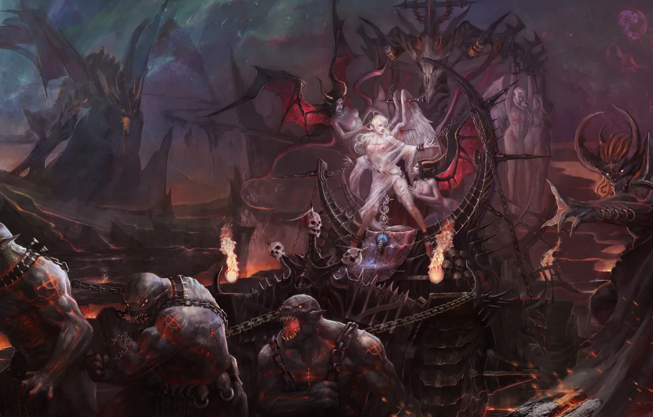 Photo wallpaper girl, rocks, dragon, the victim, the demon, art, chain, leach