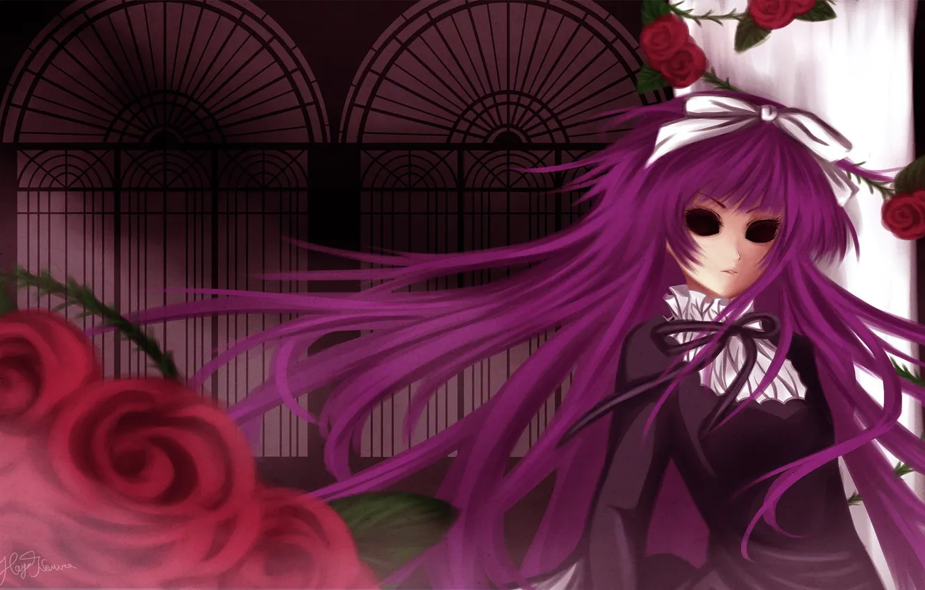 Photo wallpaper roses, window, art, girl, vampire, mansion, shiki, Dead