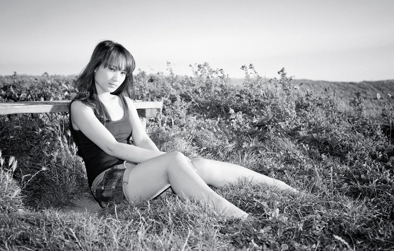 Photo wallpaper field, girl, black and white