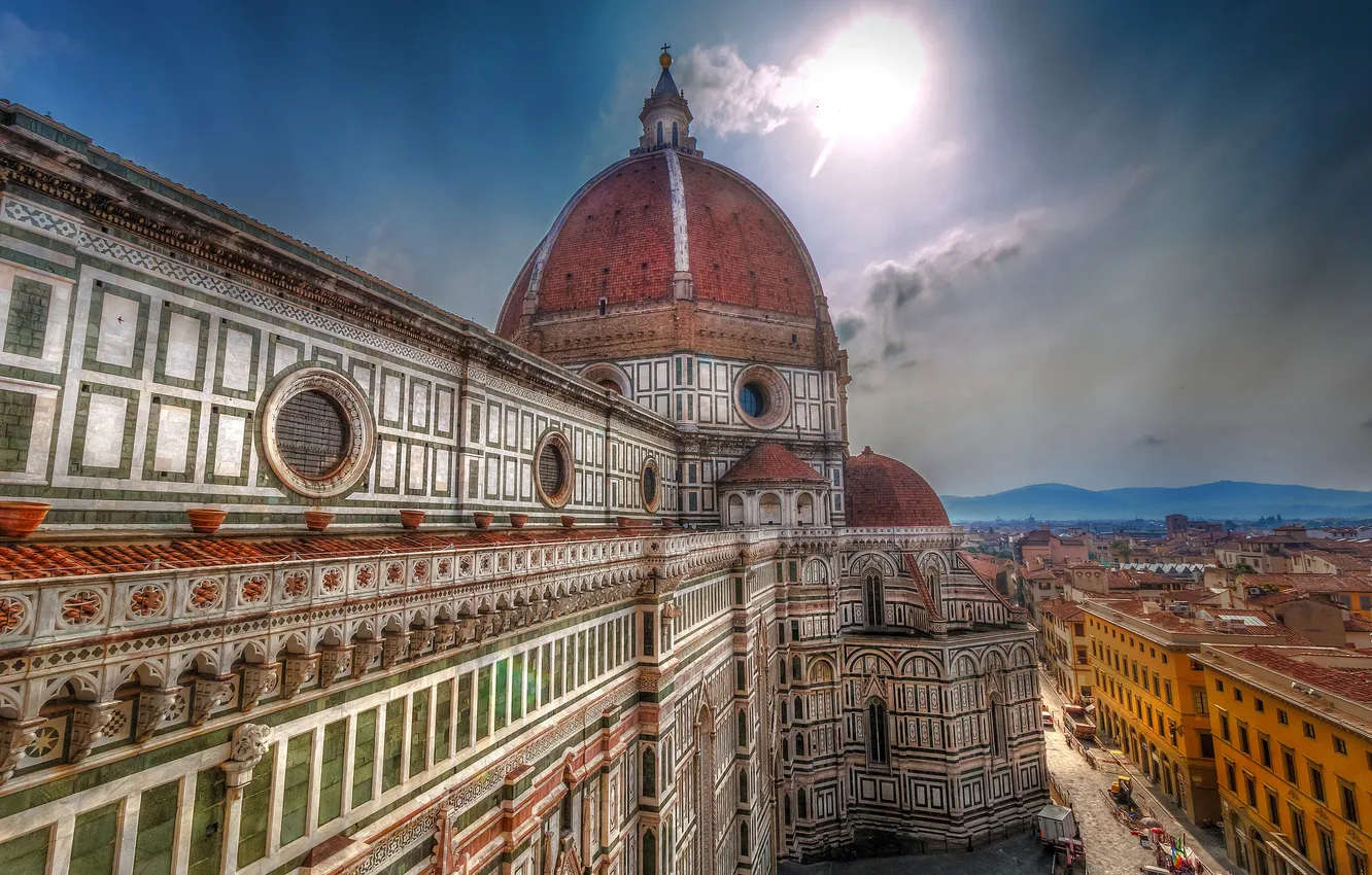 Photo wallpaper the sky, clouds, landscape, street, home, Italy, Cathedral, Florence