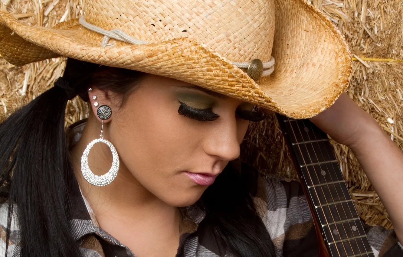 Photo wallpaper face, background, guitar, hat, earrings, straw, Grif, ranch