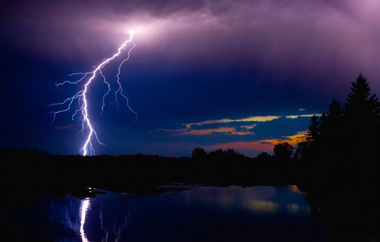 Photo wallpaper the storm, the sky, trees, clouds, lake, lightning