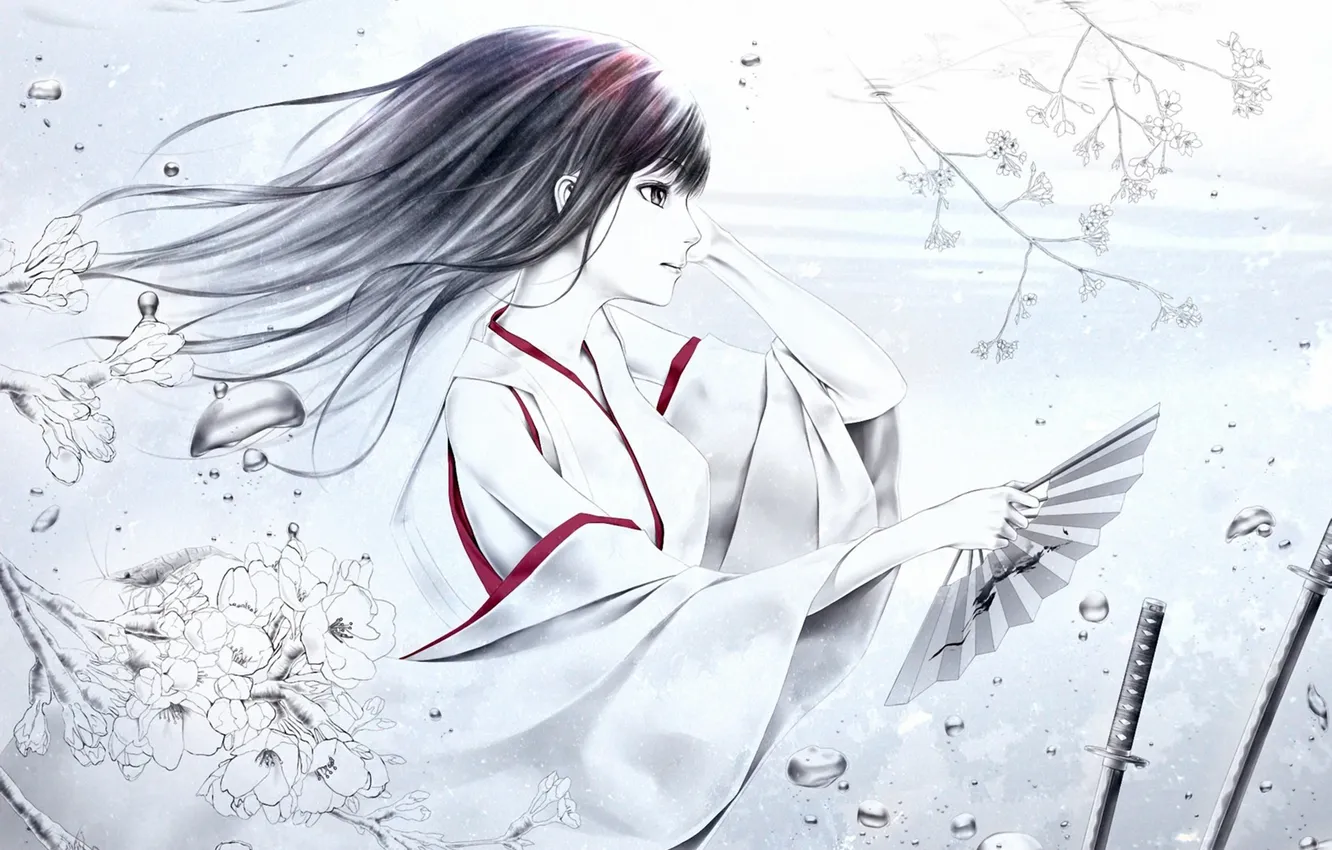 Photo wallpaper girl, flowers, branches, figure, sword, katana, fan, profile