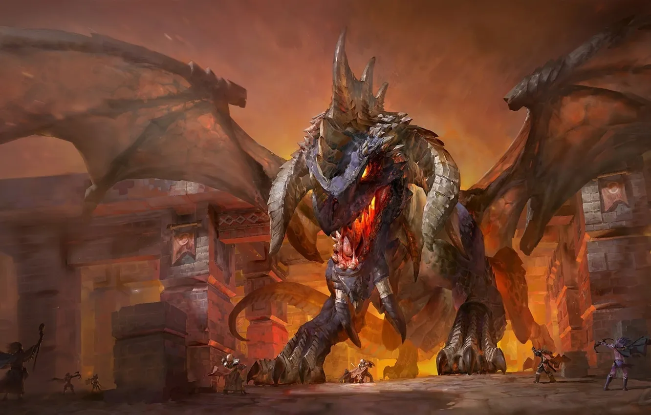 Photo wallpaper the city, dragon, people, wings, art, World of Warcraft, wow, Hearthstone